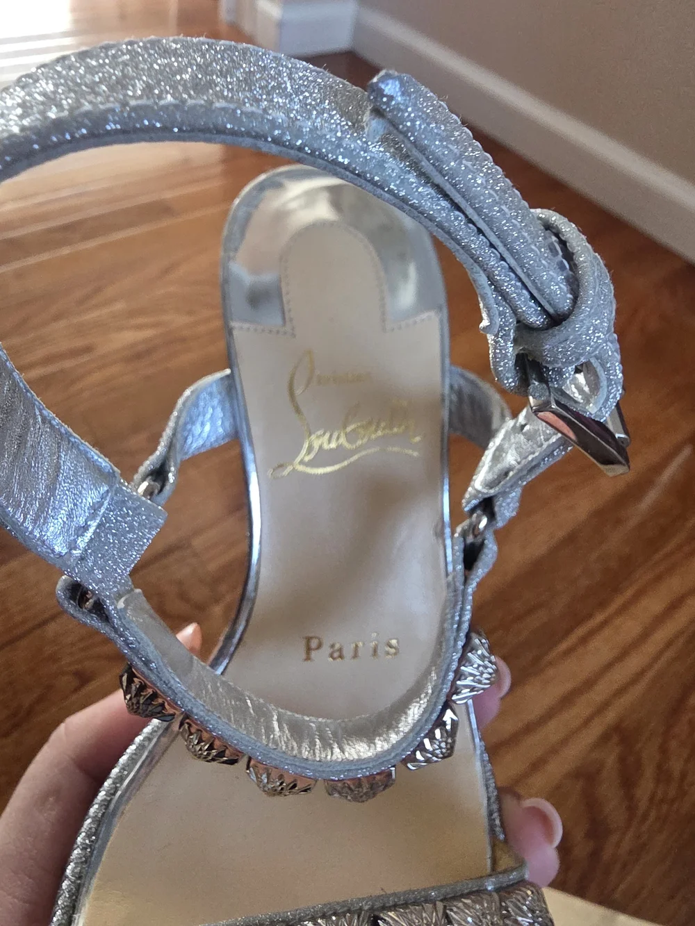 Christian Louboutin Silver Metallic Studded Wedge Sandals